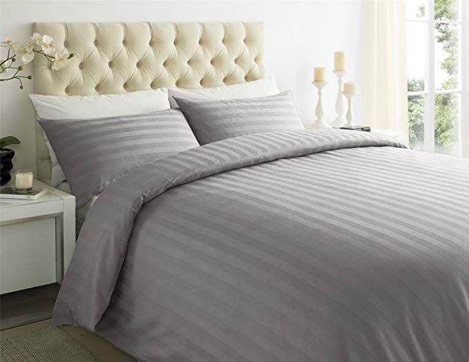 Sapphire Collection 100% Stripe TC400 Egyptian Cotton Duvet Quilt Cover Pillow Cases All Sizes (Super King, Slate Gray)