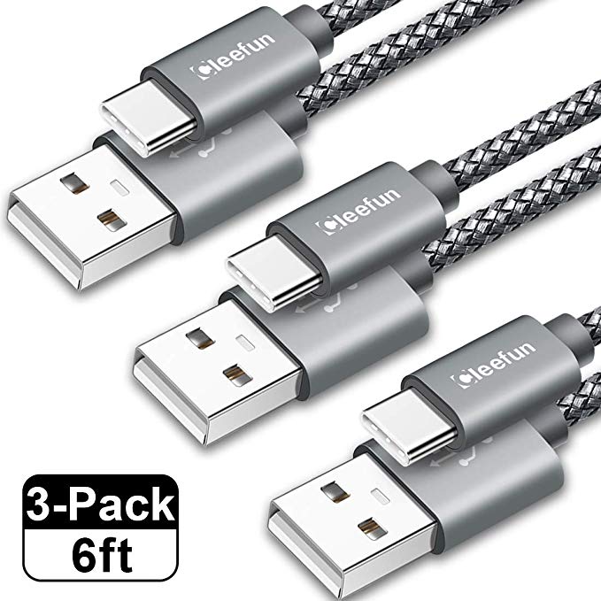 CLEEFUN USB C Cable Fast Charging [3-Pack, 6ft], Nylon Braided Type C Fast Charger Cord for Samsung Galaxy S10 S9 S8 Plus, Note 10 9 8, A70 A50 A30 A40 A20 A10e (Gray)