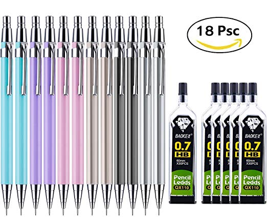 18 Pieces Mechanical Pencil Set 0.7 mm, Assorted Colors,12 Pieces Mechanical Pencils and 6 Tubes Lead Refills for Office and School