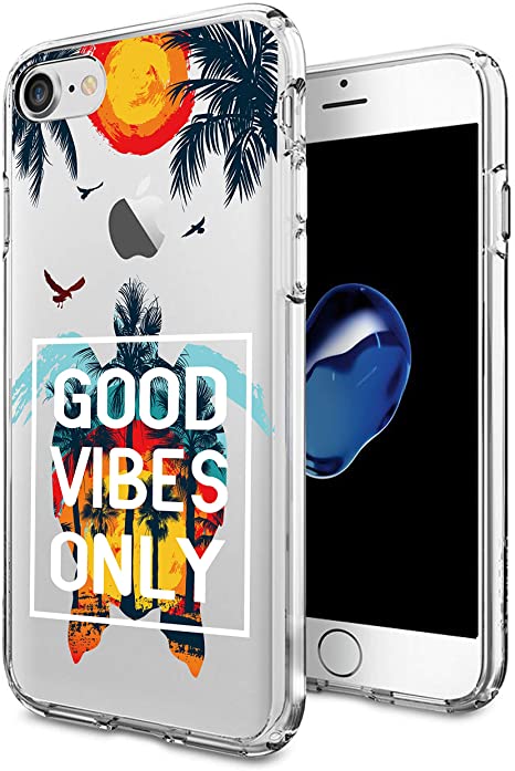 Cocomong Good Vibes Only Quotes for iPhone 7/8 Clear Case 4.7" Fun Cute Swimming Sea Turtle Animal Pattern Phone Case Gifts for Girls Women Men Protective Soft TPU Anti-Scratch-Drop Shockproof Bumper