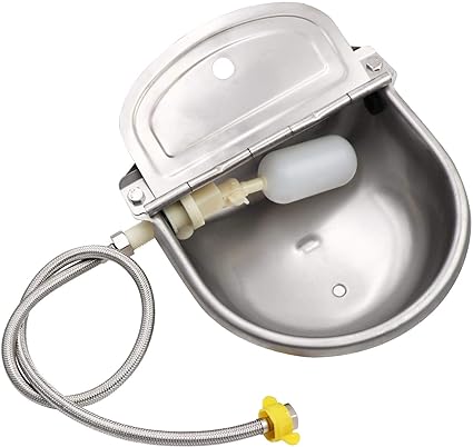 MACGOAL Stainless Steel Automatic Waterer Bowl with Float Valve, Drain Plug and Braided Hose, Water Trough for Livestock Dog Goat Pig Waterer