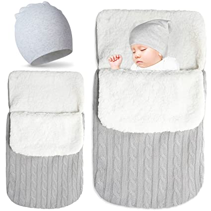 2 Pieces Stroller Blanket Baby Wrap Swaddle Blanket and Baby Hat Set Baby Boy Swaddle and Hat Set Infant Knitted Fleece Blankets Newborn Stroller Blanket Soft Infant Hat for 9-12 Months Baby Boy Girl