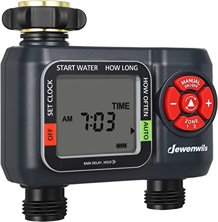 DEWENWILS Sprinkler Timer 2 Zone, Outdoor Garden Water Hose Timer Programmable, Automatic Faucet Watering Irrigation Timer for Yard Lawn, Auto Manual Rain Delay Mode, Low Battery Warning