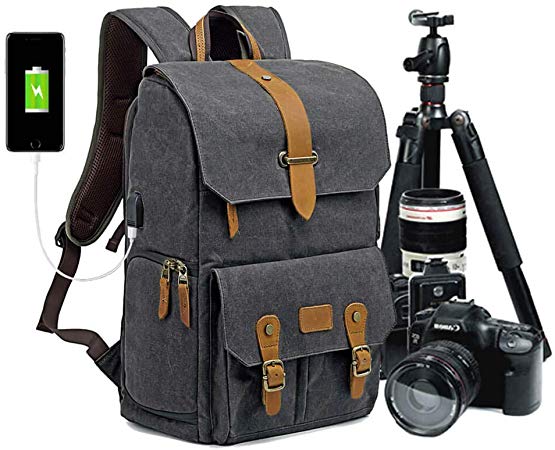 Abonnyc Camera Backpack Canvas SLR DSLR Camera Bag Back Open for DSLR Photography Bag with Quick Access Fit SLR Cameras 3-6 Lenses and 14" Laptop, Dark Grey
