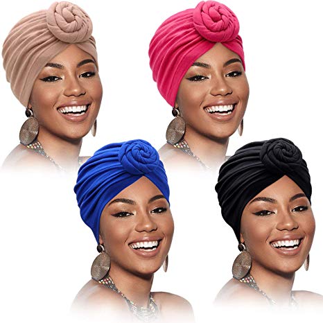 SATINIOR 4 Pieces African Pattern Headwrap Pre-Tied Bonnet Turban Knot Beanie Cap Hat