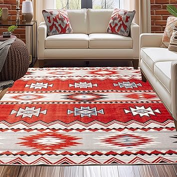 Super Area Rugs - 5X7 Non-Slip Washable Rug - Performance High Traffic Rug - Southwestern Tribal Boho Chic 5X7 Rugs for Living Room - Low Pile Red/Ivory, 5' x 7'