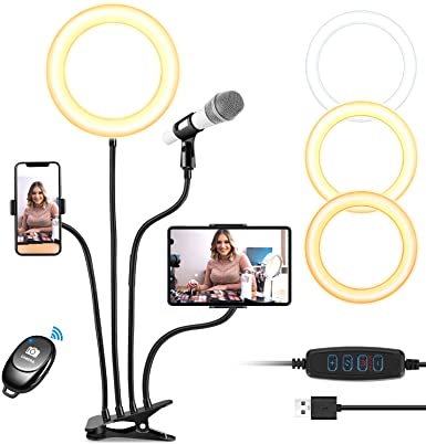8'' Selfie Ring Light with Cell Phone Holder Stand, KNGUVTH Dimmable LED Camera Ring Light with Tablet/Mic Holder and Flexible Arms for Live Stream/Makeup/YouTube/Facebook Compatible w/iPhone Android