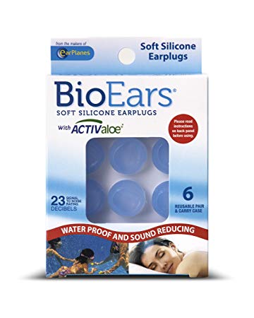 BioEars Soft Silicone Earplugs with ACTIVALOE 6 pair, Blue. Premium silicone. Protection from Water and Noise