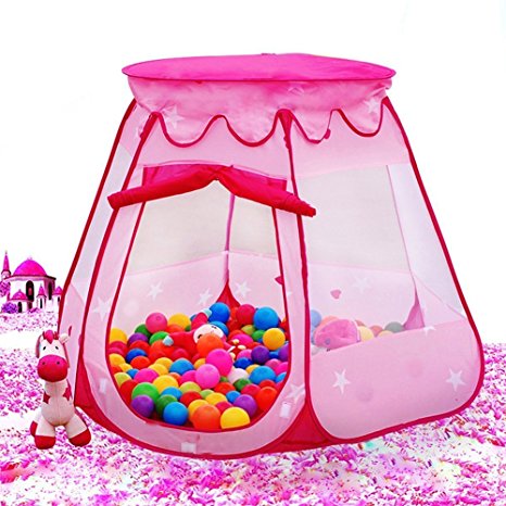 Prince Princess Ball Pit Tent Indoor and Outdoor 1 to 8 Years Old Children Game Play Toys Tent Balls, Easy Folding Ball Pit Play House Baby Beach Tent with Tote Bag , Ocean Ball Not Included. (Pink)