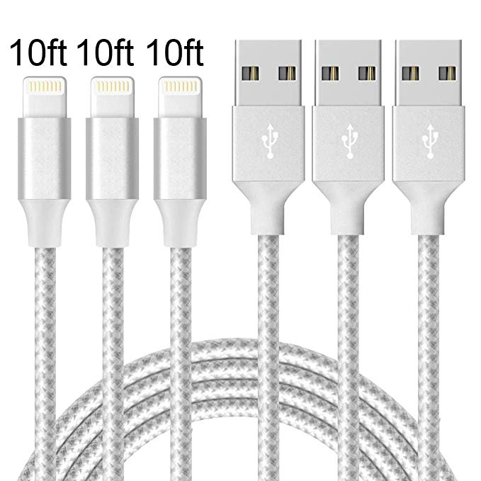 Phone Cable - XUZOU 3Pack 10FT Nylon Braided Charger Cable USB Cord Charging Charger Compatible Phone Xs MAX, XR, X 8, 7, 7 Plus, 6, 6 , 6s, 5, 5c, 5s, SE, Nano-Silver