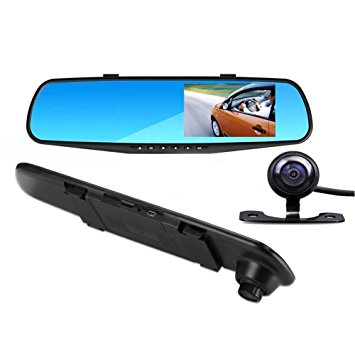 4.3 inch LCD HD 1080P Dash Cam | Car Video Camera | driving recorder with Dual Lens for Vehicles Front & Rearview Mirror | DVR Vehicles with 170-degree Wide Angle Lens and G-Sensor for Auto-Recording
