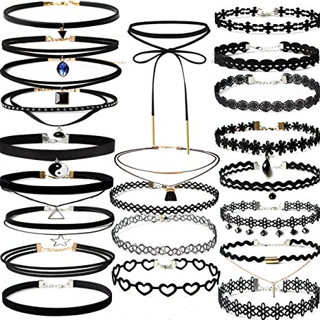 22 PCS Black Choker Necklaces Set Womens Velvet Choker Set Classic with Lace Tattoo Charm Girls Stretch Necklace (Pack of 22)