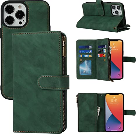 SailorTech Magnetic Detachable 2 in 1 Wallet Phone Case Design for iPhone 13 Pro Max with 6 Card Holder 1 Zipper Coin Wallet 1 Cash Slot Wrist Strap Kickstand for Women Men Green