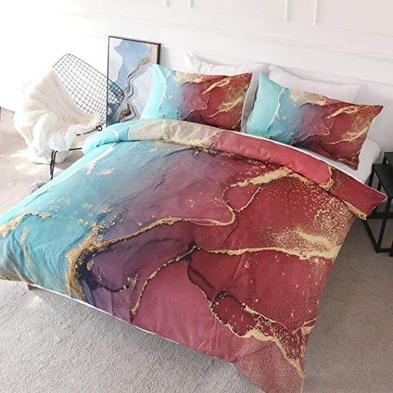 BlessLiving Blue and Red Marble Duvet Cover Abstract Colorful Comforter Cover Soft Comfortable Stylish Geometric Bedding Set with Hidden Zipper (3 Pieces, Queen)