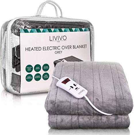 LIVIVO Heated Electric Over Blanket – Ultra Soft Micro Fleece Throw with 10 Heat Settings and Timer Function – 160x120cm - Easy to Use Detachable Digital Control - Machine Washable (Grey)