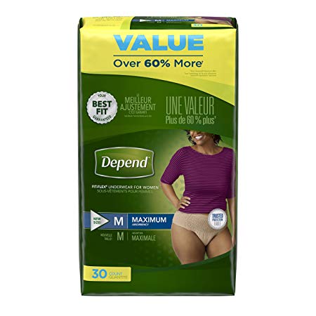 Depend FIT-FLEX Incontinence Underwear for Women, Maximum Absorbency, M, Tan, 30 Count (Packaging may vary)