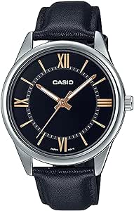 Casio MTP-V005L-1B5 Men's Standard Analog Black Leather Band Roman Black Dial Watch, Quartz Movement