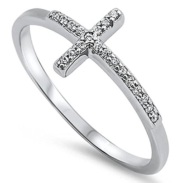 Sterling Silver 925 Sideways Cross Ring with Cubic-Zirconia Sizes 4-10
