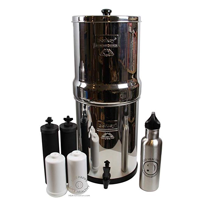 Big Berkey BK4X2 Countertop Water Filter System with 2 Black Berkey Elements and 2 Fluoride Filters w/ Stainless Steel Water Bottle