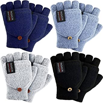 4 Pairs Convertible Mittens Knitted Fingerless Gloves with Cover for Women Men