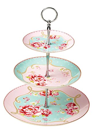 Jusalpha Royal Pink Roses Bone China 3-tier Serving Cake Stand in Gift Box