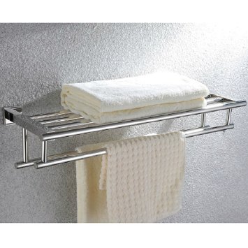 KES A2112 SUS 304 Square Style Stainless Steel Shelves Towel Rack with Double Storage Hanging Organizer 60 CM, Polished