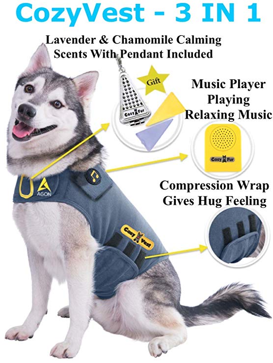 Agon CozyVest Music & Aromatherapy Patented Dog Anxiety Vest Calming Scent Treats Canine Stress Relief Thunderstorm Fireworks Separation Pet Travel Thunder Storm Shirt Jacket Coat