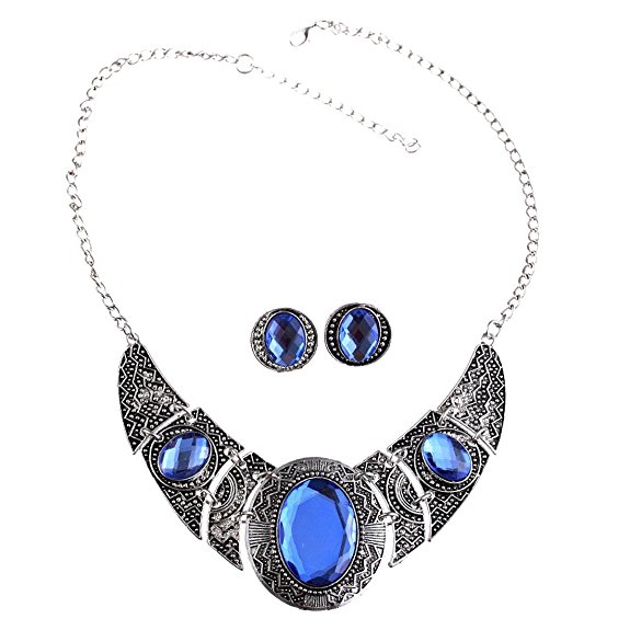 QIYUN.Z Tibet Silver Acrylic Royal Blue and Black Hollow Out Necklace Earrings Jewelry Set