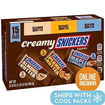 SNICKERS Creamy Singles Size Square Candy Bars Assortment, 15-Count Variety Box