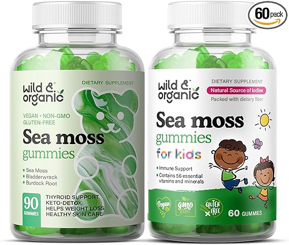 Wild & Organic Sea Moss Gummies Bundle - Superfood Wildcrafted Seamoss Gummy Vitamins for Kids & Adult - Thyroid Health, Digestive & Immune Support Supplements w/Raw Irish Moss Bladderwrack - 2 Pack