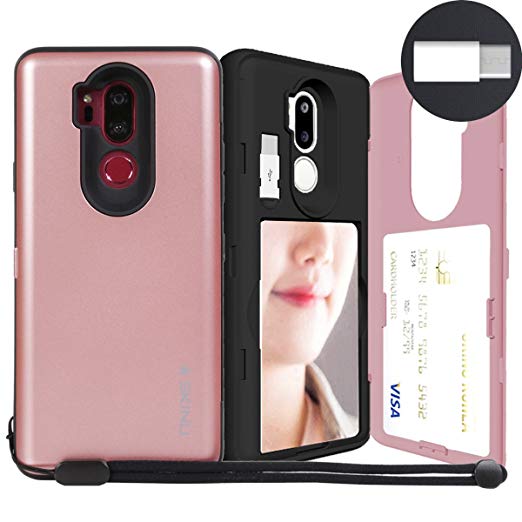 LG G7 ThinQ, SKINU [LG G7 Wallet Strap] G7 Charger Dual Layer Hidden Credit Holder ID Slot Card Case with Wrist Strap Inner USB type C Adapter and Mirror for LG G7 ThinQ G7  ThinQ (2018) - Rose Gold