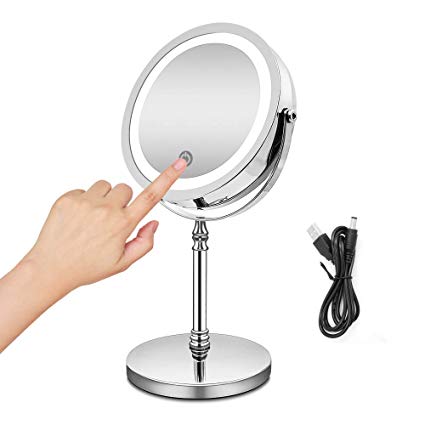 BRIGHTINWD Rechargeable Makeup Mirror with Dimmable Lights, 10X Magnifying Mirror Lighted Makeup Mirror with Lights and Magnification, Touch Screen, USB Charge Or Battery, Polished Chrome Finish