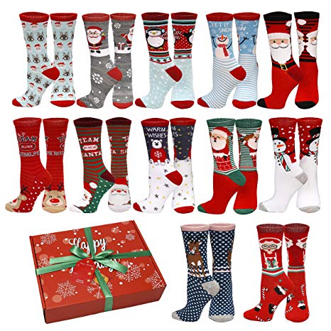 12 Pair,Holiday X-Mas Socks, 12 Different Designs,Christmas Gift, Size 9-11