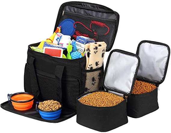 Coopeter Dog Bag to Travel ,Weekend Tote Organizer Bag-Incudes1 Dog Food Travel Bag,2 Dog Tote Bag,2 Pet Silicone Collapsible Bowls.（Black）