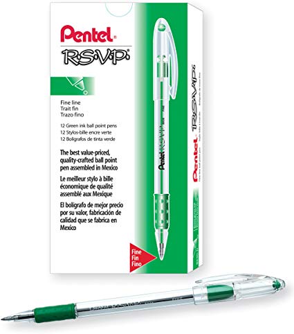 Pentel RSVP Ballpoint Pen, 0.7mm Fine Point, Green Ink, Box of 12 - BK90-D