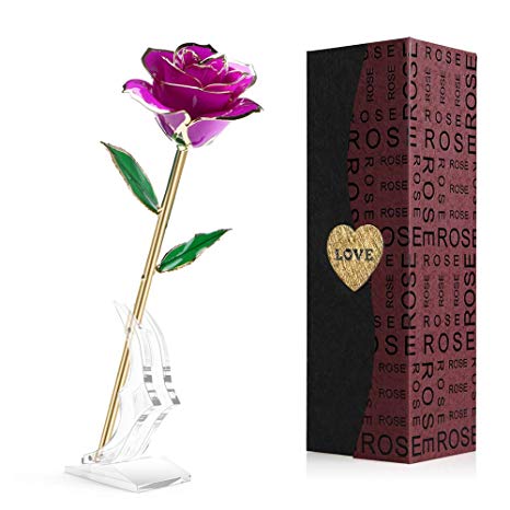 HOKEKI 24k Gold Rose Gold Foil Artificial Forever Rose Gold Dipped Real Flower with Transparent Stand and Gift Box Unique Valentine’s Day Anniversary Birthday Gifts for Her (Purple)