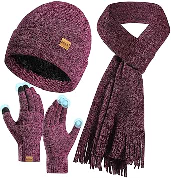 Womens Beanie Hat Scarf Gloves Set,Winter Warm Touchscreen Gloves Fleece Lined Hat Long Knit Scarf for Women Men