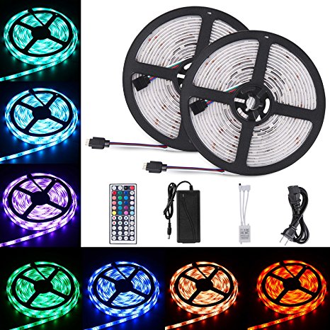 Sunnest 2 Reels 12V 32.8ft Waterproof Flexible LED Strip Light Kit, Led Ribbon, Color Changing SMD5050 RGB 300 LEDs Light Strips with Remote Controller for Kitchen, Bedroom, Bar, Party, TV Backlight