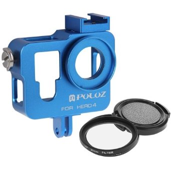 PULUZ Housing Shell CNC Aluminum Frame Case Alloy Protective Cage with 37mm UV Lens Filter & Lens Cap for GoPro HERO 4(Blue)