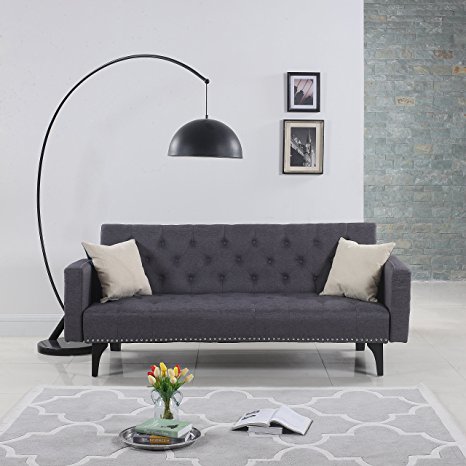 Modern Tufted Fabric Sleeper Sofa Bed with Nailhead Trim, Grey