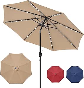 YSSOA 9' Solar 32 Lighted Patio Table Market Push Button Tilt/Crank Outdoor Umbrella for Garden, Deck, Backyard and Pool, 9ft-LED, Tan—LED