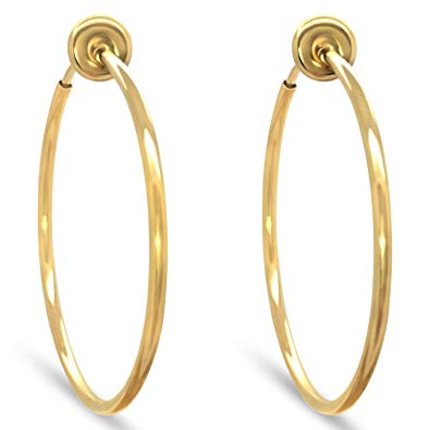Gold Plated Brass Spring Hoops Earrings Clip On-Small, Medium & Large Hoops for Women & Girls, Unpierced