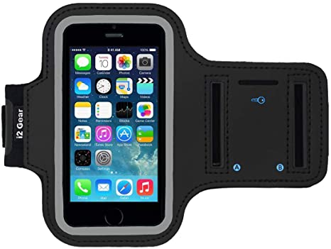 i2 Gear Cell Phone Armband Case for iPhone SE 2016, 5, 5S, 5C, 4S, 4 - Running Phone Holder with Adjustable Arm Strap and Key Holder (Black)