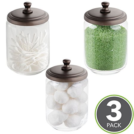 MetroDecor mDesign Bathroom Vanity Storage Organizer Canister Jars for Q tips, Cotton Swabs, Rounds, Balls, Makeup Sponges, Bath Salts - Pack of 3, Clear/Bronze