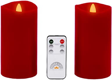 Gift Package 2 Pieces Red Flameless Candles (D 3" x H 6") Flickering Flame Effect, LED Pillar Candles Battery Operated Real Wax with Timer Function and Remote