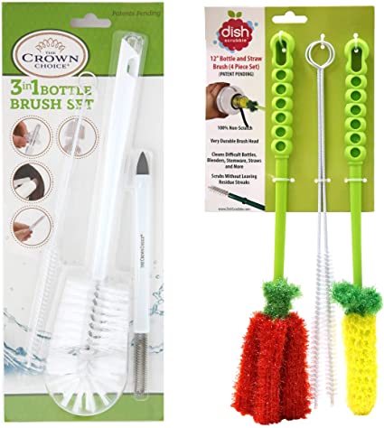 Long Bottle Brush Cleaner Set (3-in-1) and 3-in-1 Bottle Brush Cleaning Set | (7 Pc) Bottles, Baby, Sports | Thick and Thin Dish Brush Set with Straw Cleaners for Washing Baby Bottle, Water Bottles