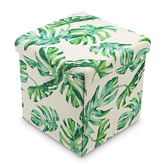 Ikee Design Tropical Leaves Pattern Folding Storage Ottoman - Split Leaf Philodendron Polyester Collapsible Cube Foot Rest Stool Coffee Table