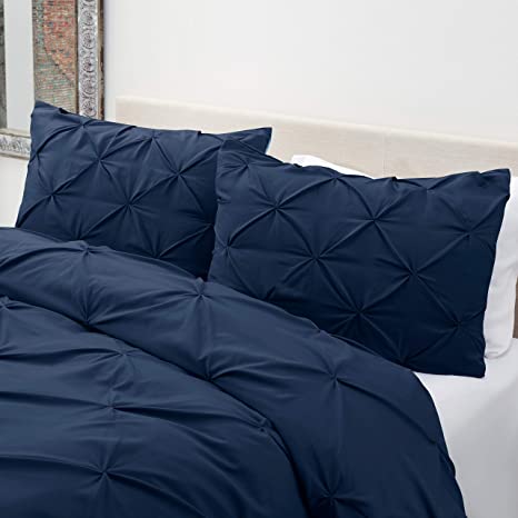 Nestl Bedding Pinched Pleated Comforter Set - 3-Piece Navy Full/Queen Comforter Set with 2 Pillow Shams