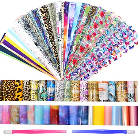 100 Sheets Nail Art Foil Stickers, Bagvhandbagro Transfer Foil Nail Art Nail Decorations Starry Sky Flowers Leopard Nail Art Supplies Nail Art Decals Kit with 2 Pieces Nail Cuticle Pushers (Sky)