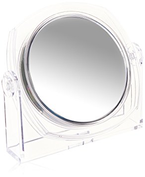 Acrylic transparent table-top mirror, light and portable. Double-Sided 10X/1X Magnification and Normal View. 6.5 inches diameter and 7 inches height. Soft Touch Finish